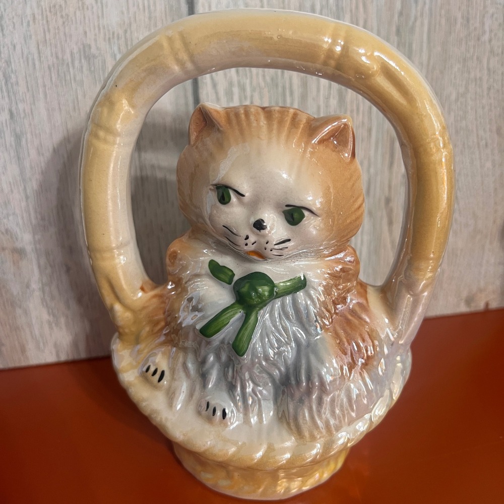 Vintage Lusterware Ceramic Cat in Basket Figurine Made in Brazil Ginger Kitten